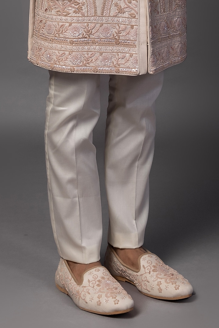 Peach Bam Silk Cutana Work Groom Sherwani Set by PAARSH at Pernia's Pop Up Shop