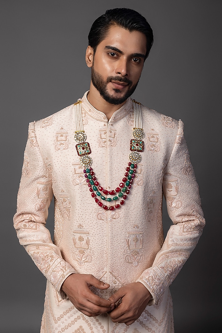 Peach Bam Silk Cutana Work Groom Sherwani Set by PAARSH at Pernia's Pop Up Shop