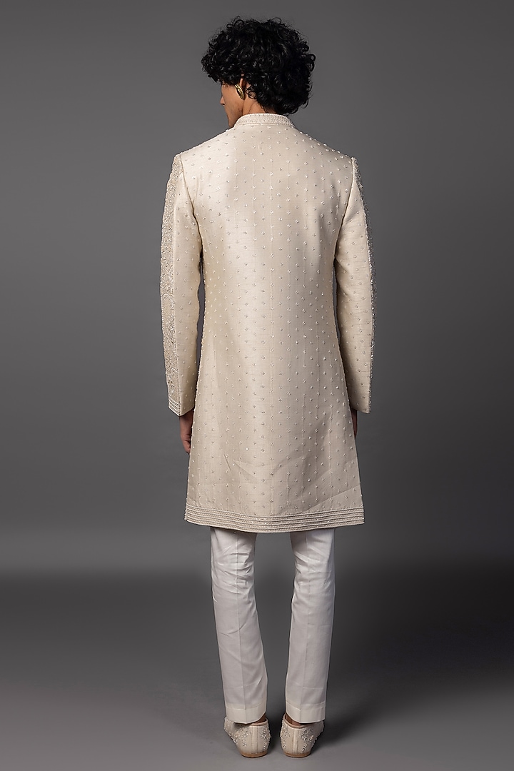 Fawn Bam Silk Resham Embroidered Groom Sherwani Set by PAARSH at Pernia's Pop Up Shop