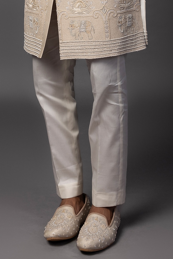 Fawn Bam Silk Resham Embroidered Groom Sherwani Set by PAARSH at Pernia's Pop Up Shop