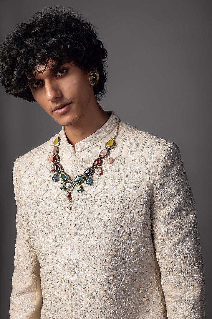 Fawn Bam Silk Resham Embroidered Groom Sherwani Set by PAARSH at Pernia's Pop Up Shop