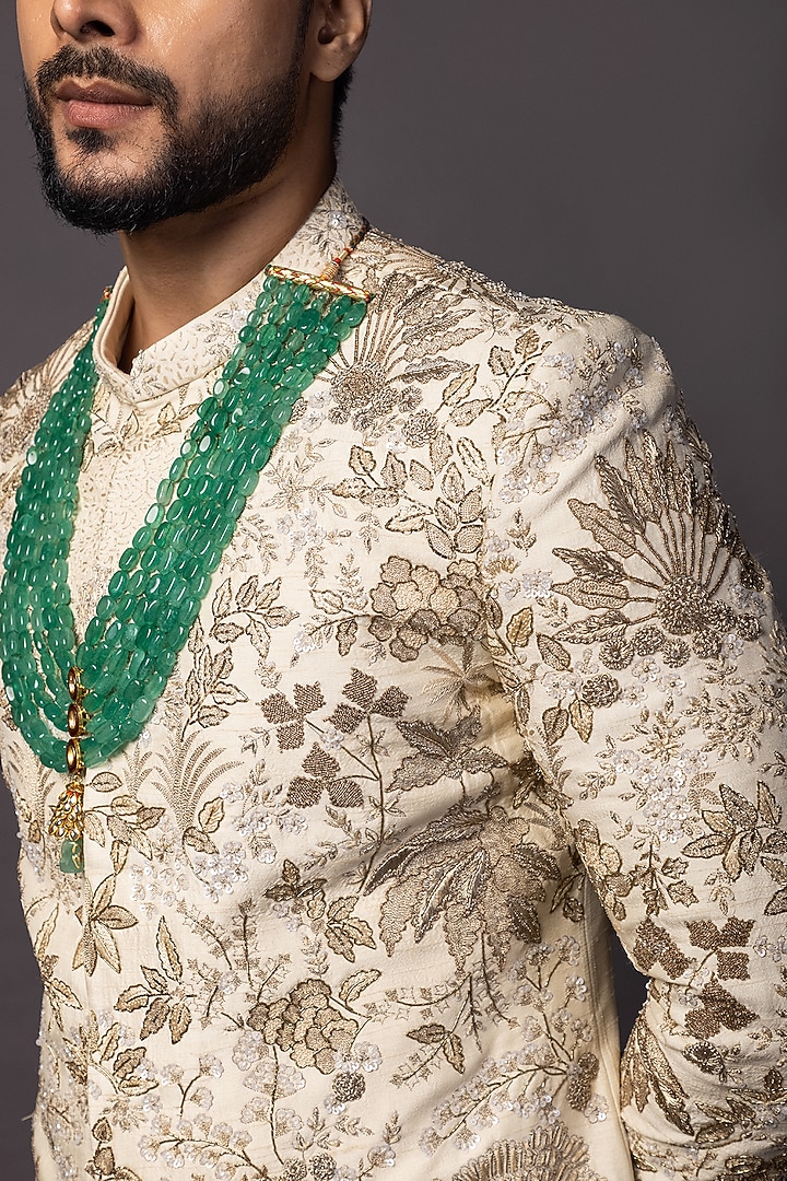 Ivory Bam Silk Dori Embroidered Groom Sherwani Set by PAARSH at Pernia's Pop Up Shop