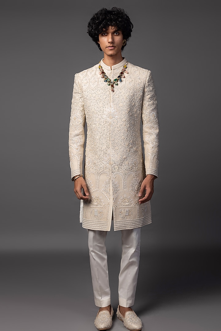 Ivory Bam Silk Dori Embroidered Groom Sherwani Set by PAARSH at Pernia's Pop Up Shop