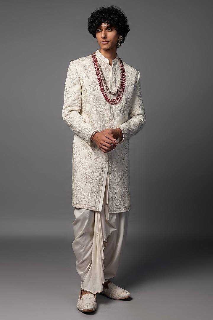 Ivory Linen Satin Resham Work Sherwani Set by PAARSH