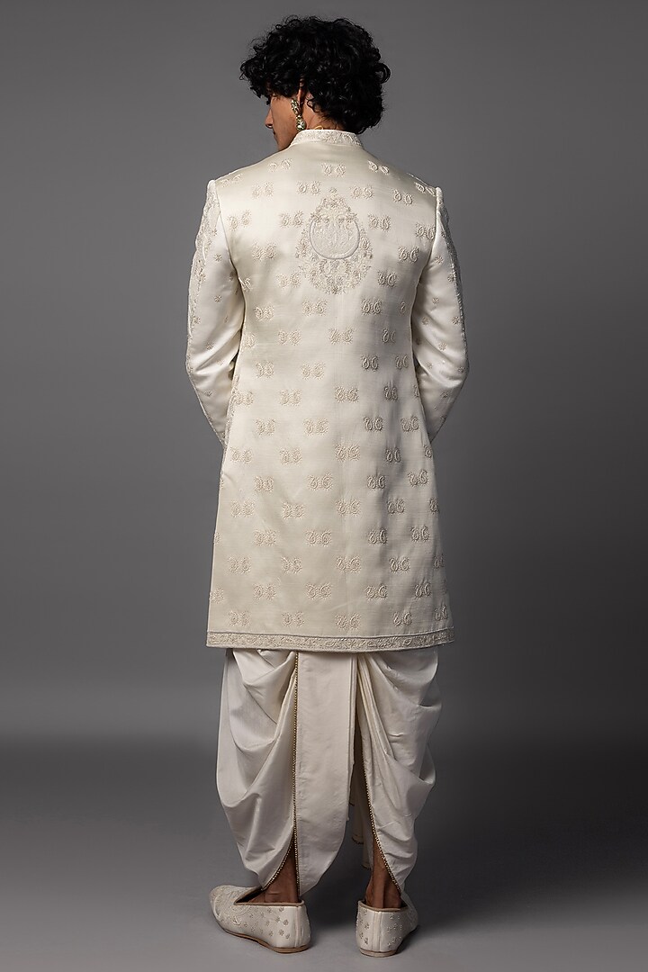 Ivory Linen Satin Resham Work Groom Sherwani Set by PAARSH at Pernia's Pop Up Shop