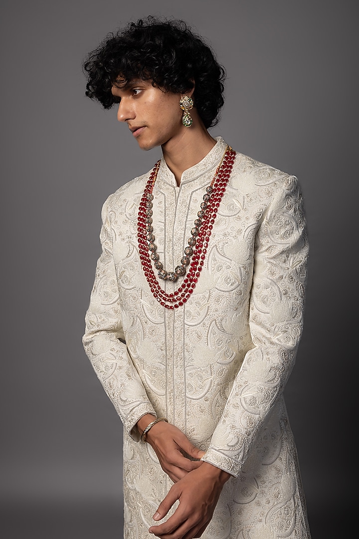 Ivory Linen Satin Resham Work Groom Sherwani Set by PAARSH at Pernia's Pop Up Shop