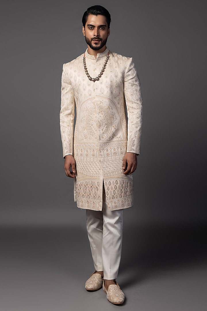 Light Peach Linen Satin Dori Work Sherwani Set by PAARSH