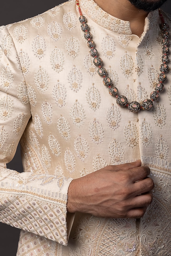 Light Peach Linen Satin Dori Work Groom Sherwani Set by PAARSH at Pernia's Pop Up Shop