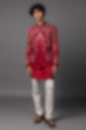 Red Linen Satin Mirror Work Prince Coat Set by PAARSH