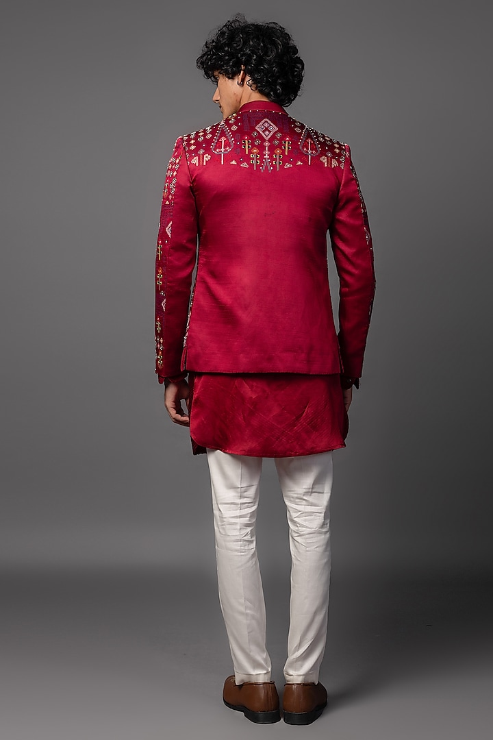 Red Linen Satin Mirror Work Prince Coat Set by PAARSH at Pernia's Pop Up Shop