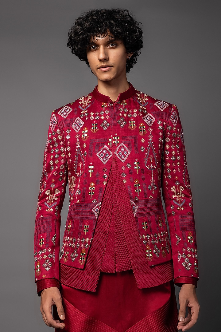 Red Linen Satin Mirror Work Prince Coat Set by PAARSH at Pernia's Pop Up Shop