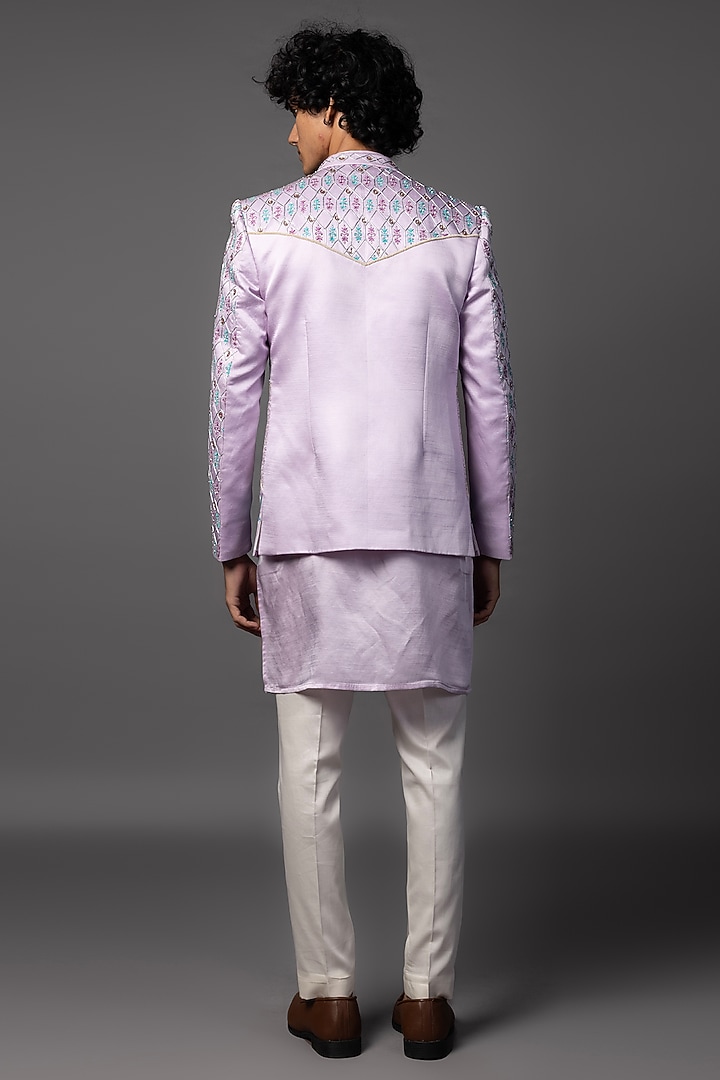 Lilac Linen Satin Thread Work Open-Prince Coat Set by PAARSH at Pernia's Pop Up Shop