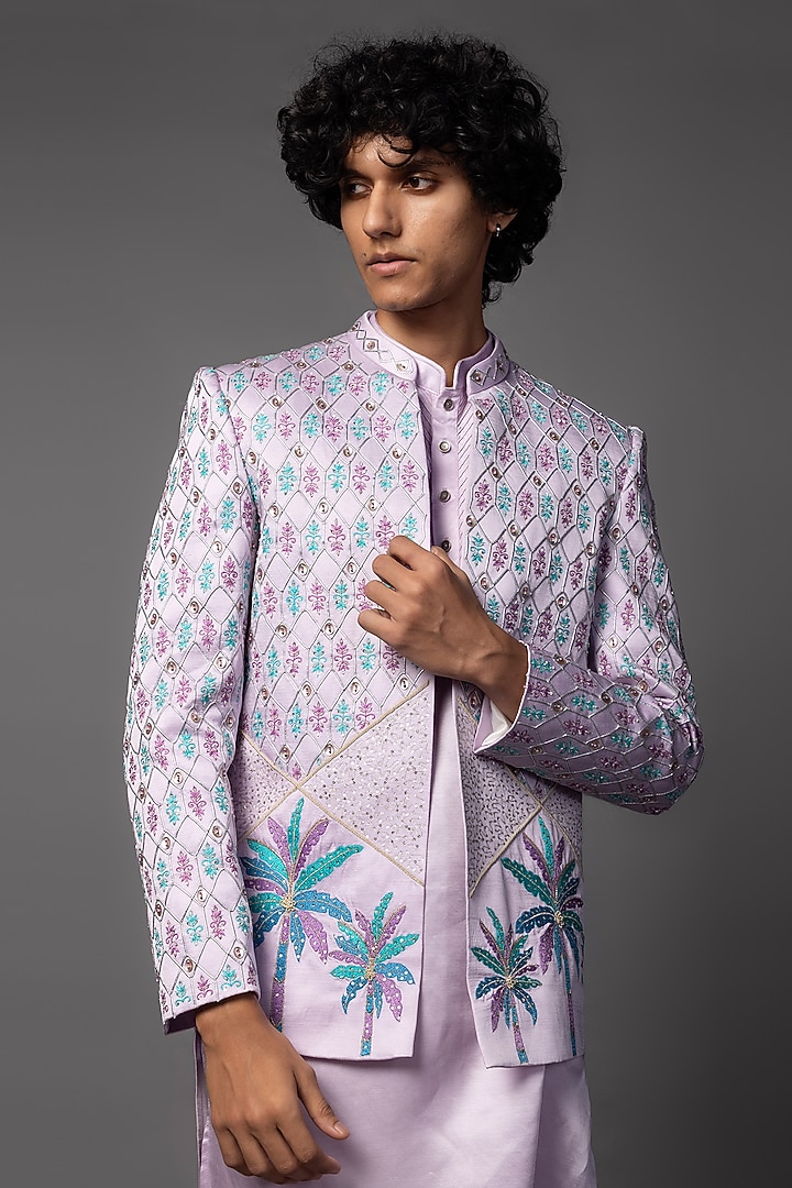 Lilac Linen Satin Thread Work Open-Prince Coat Set by PAARSH at Pernia's Pop Up Shop