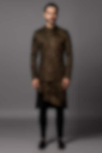 Olive Linen Satin Threadwork Overlapping Prince Coat Set by PAARSH