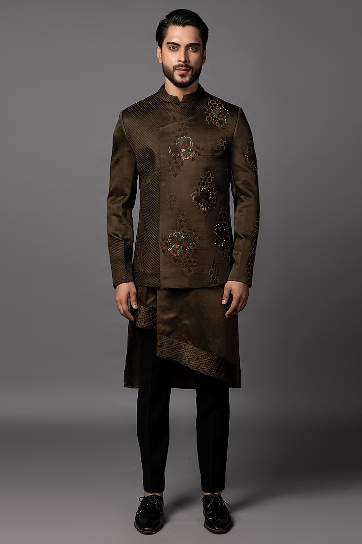 Olive Linen Satin Threadwork Overlapping Prince Coat Set by PAARSH