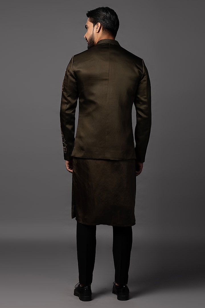 Olive Linen Satin Threadwork Overlapping Prince Coat Set by PAARSH at Pernia's Pop Up Shop
