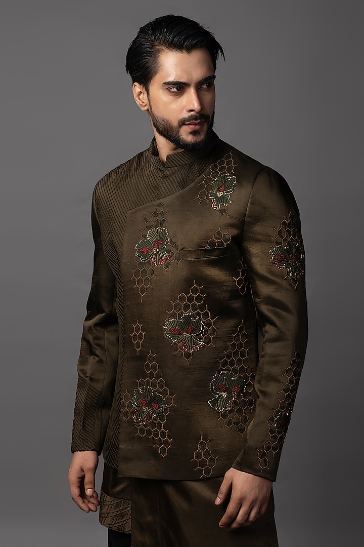 Olive Linen Satin Threadwork Overlapping Prince Coat Set by PAARSH at Pernia's Pop Up Shop