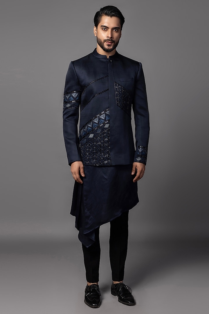 Navy Linen Satin Threadwork Prince Coat Set by PAARSH