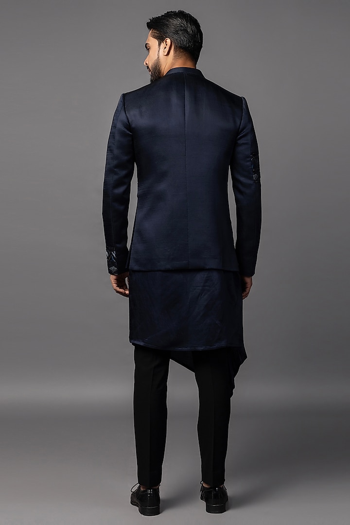 Navy Linen Satin Threadwork Prince Coat Set by PAARSH at Pernia's Pop Up Shop