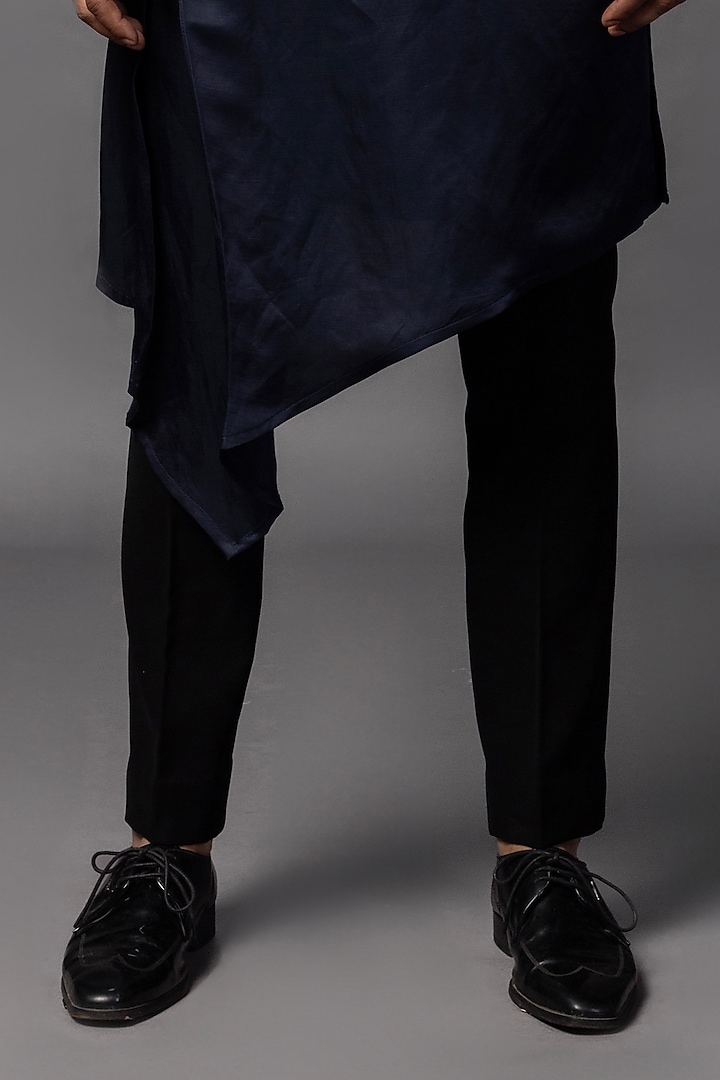 Navy Linen Satin Threadwork Prince Coat Set by PAARSH at Pernia's Pop Up Shop