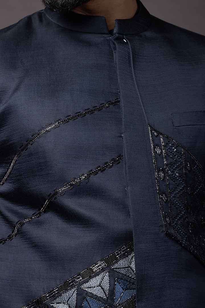 Navy Linen Satin Threadwork Prince Coat Set by PAARSH at Pernia's Pop Up Shop