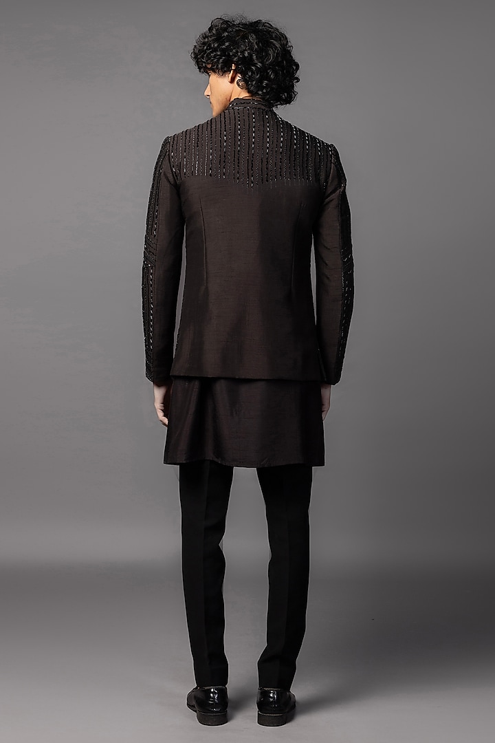 Brown Bam Silk Cutdana Embroidered Open-Prince Coat Set by PAARSH at Pernia's Pop Up Shop