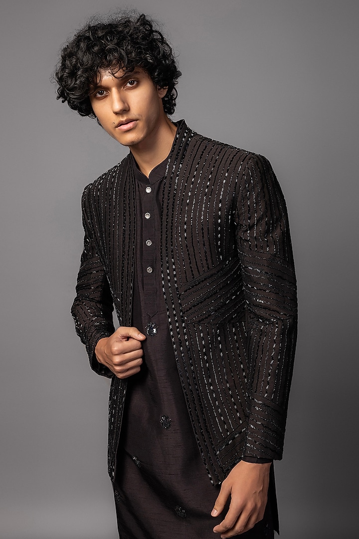 Brown Bam Silk Cutdana Embroidered Open-Prince Coat Set by PAARSH at Pernia's Pop Up Shop