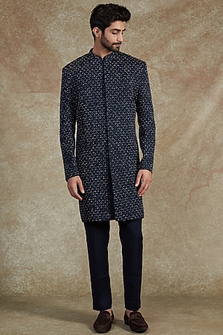 Midnight Blue Linen Satin Embroidered Sherwani Jacket Set by PAARSH