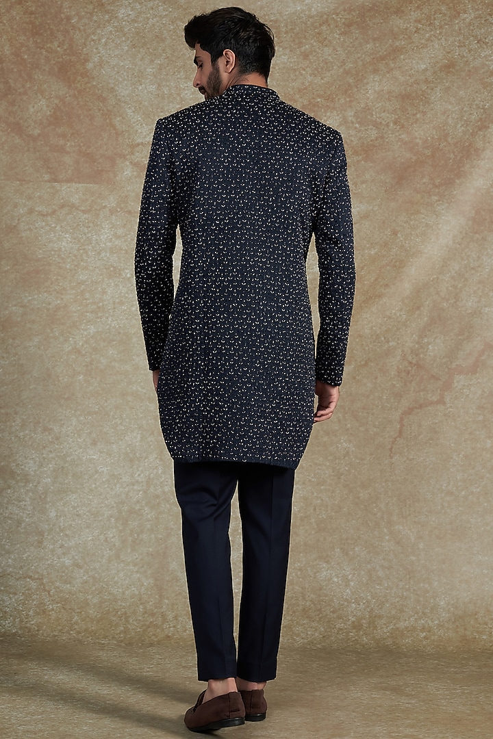 Midnight Blue Linen Satin Embroidered Wedding Sherwani Jacket Set by PAARSH at Pernia's Pop Up Shop