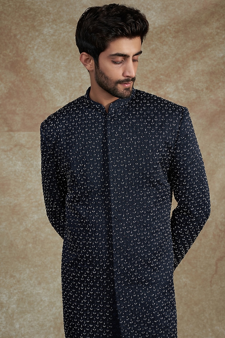 Midnight Blue Linen Satin Embroidered Wedding Sherwani Jacket Set by PAARSH at Pernia's Pop Up Shop