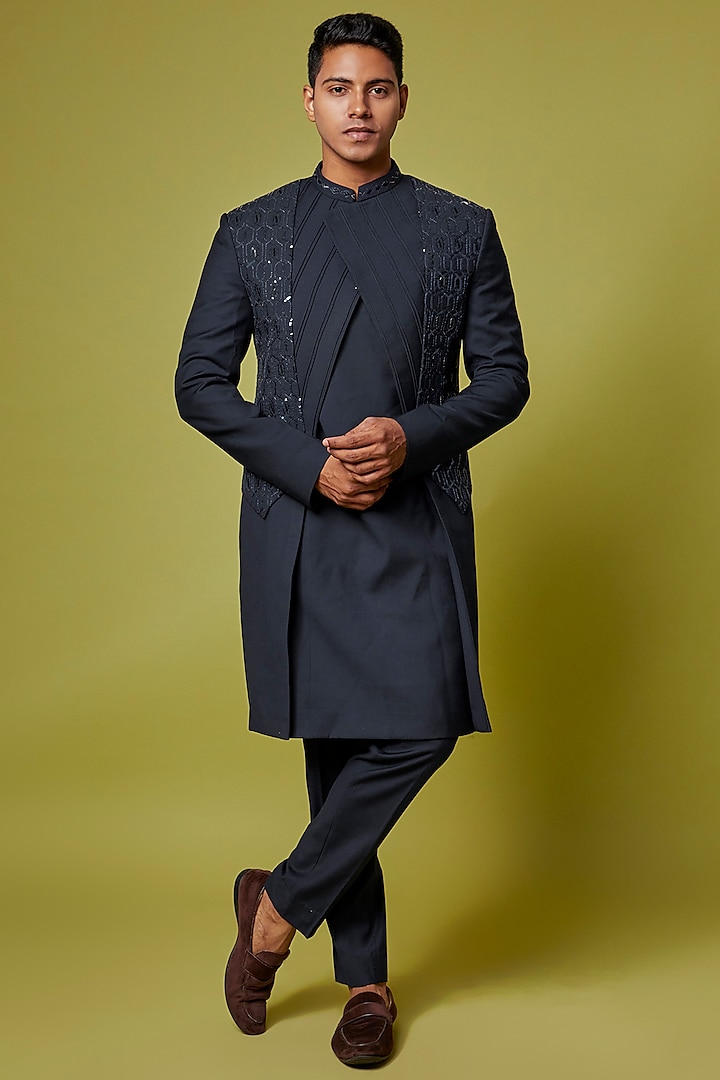 Navy Blue Suiting Embroidered Indo-Western Set by PAARSH