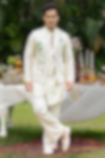 Ivory Chanderi Hand-Painted & Embroidered Bundi Jacket Set by PAARSH at Pernia's Pop Up Shop