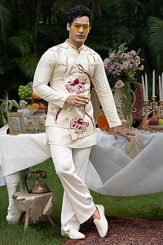 Ivory Linen Satin Hand Embroidered Bundi Jacket Set by PAARSH