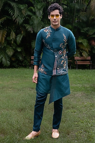 Teal Bam Silk Hand Embroidered Bundi Jacket Set by PAARSH