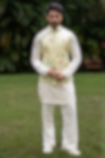 Mint Green Linen Satin Hand Embroidered Bundi Jacket Set by PAARSH at Pernia's Pop Up Shop