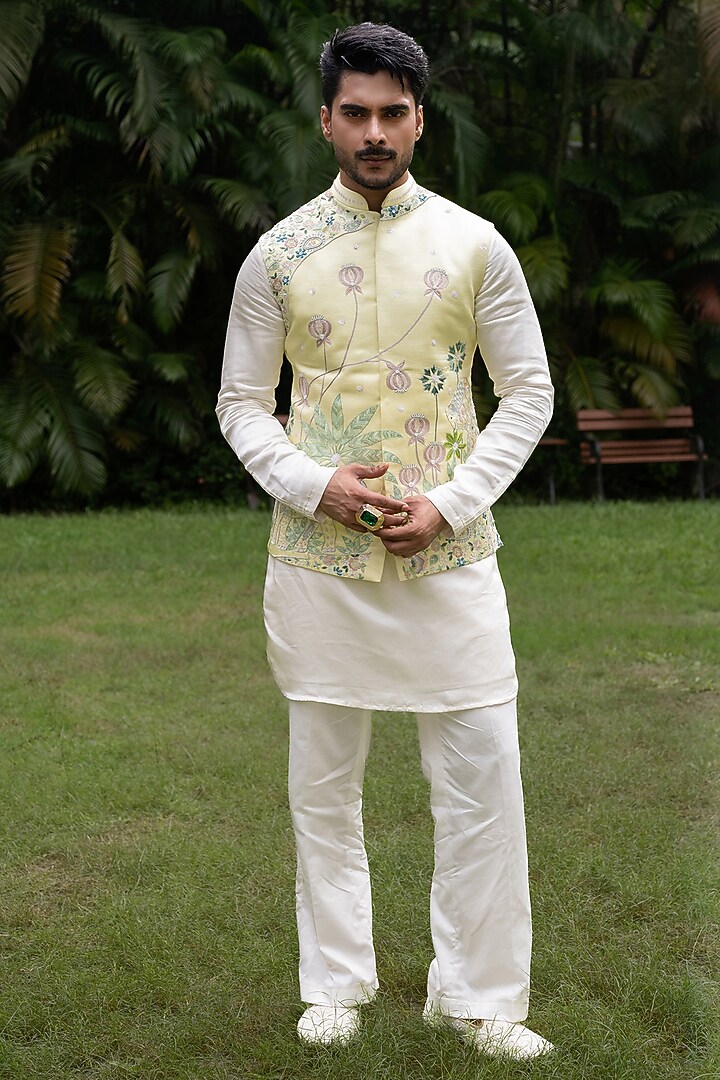 Mint Green Linen Satin Hand Embroidered Bundi Jacket Set by PAARSH at Pernia's Pop Up Shop