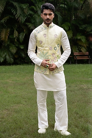 Mint Green Linen Satin Hand Embroidered Bundi Jacket Set by PAARSH
