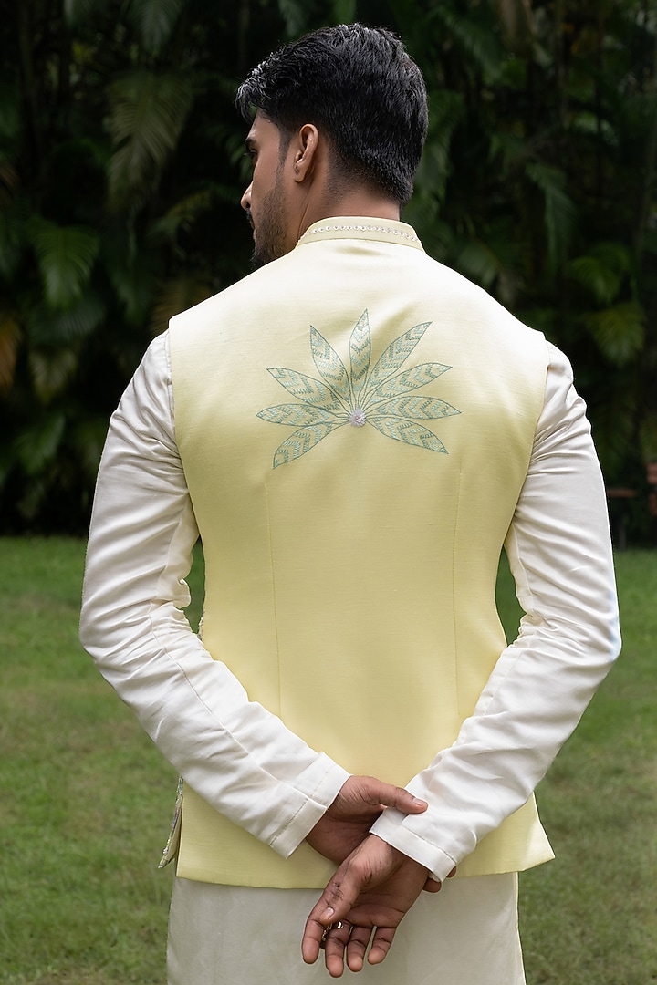 Mint Green Linen Satin Hand Embroidered Bundi Jacket Set by PAARSH at Pernia's Pop Up Shop