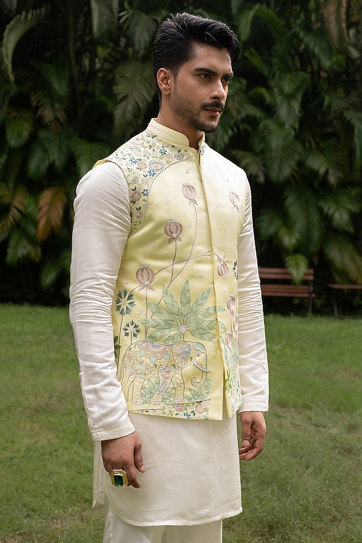 Mint Green Linen Satin Hand Embroidered Bundi Jacket Set by PAARSH at Pernia's Pop Up Shop