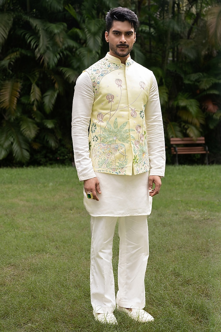 Mint Green Linen Satin Hand Embroidered Bundi Jacket Set by PAARSH at Pernia's Pop Up Shop