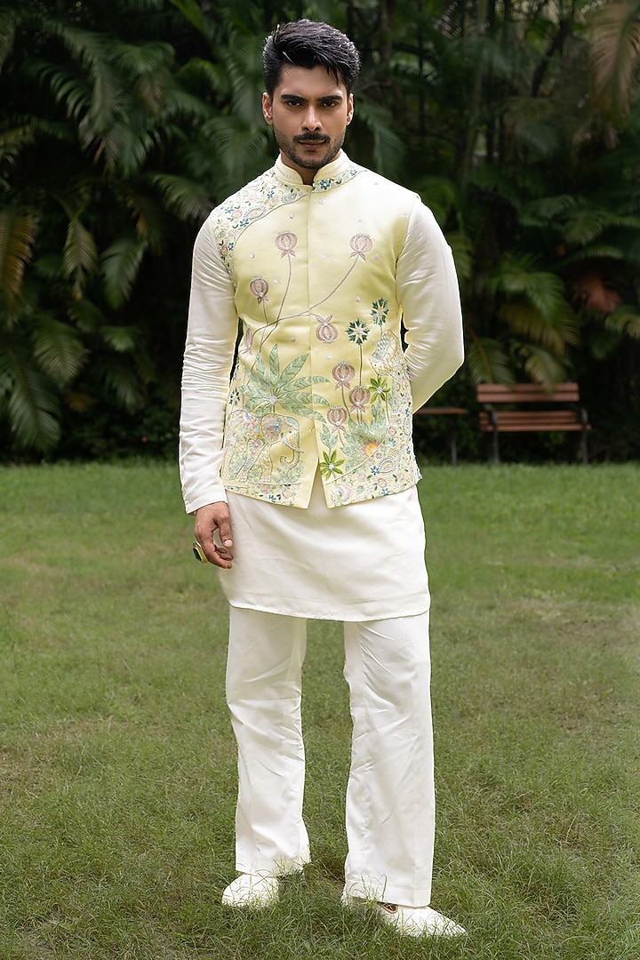 Mint Green Linen Satin Hand Embroidered Bundi Jacket Set by PAARSH at Pernia's Pop Up Shop