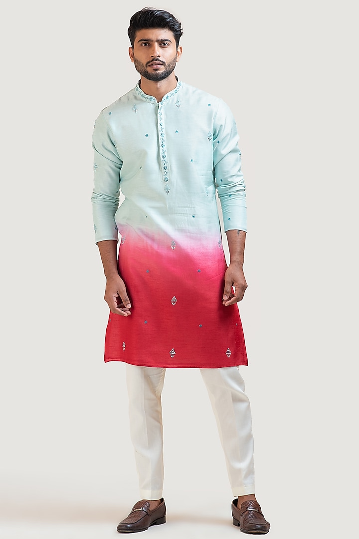 Blue To Red Ombre Embroidered Kurta Set by PAARSH
