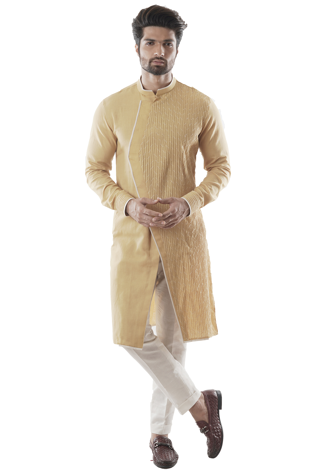 Mustard Khadi Linen Asymmertrical Kurta Set by PAARSH at Pernia's Pop Up Shop