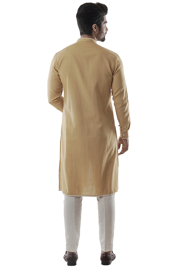 Mustard Khadi Linen Asymmertrical Kurta Set by PAARSH at Pernia's Pop Up Shop