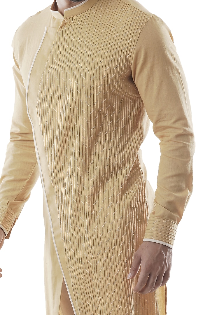 Mustard Khadi Linen Asymmertrical Kurta Set by PAARSH at Pernia's Pop Up Shop