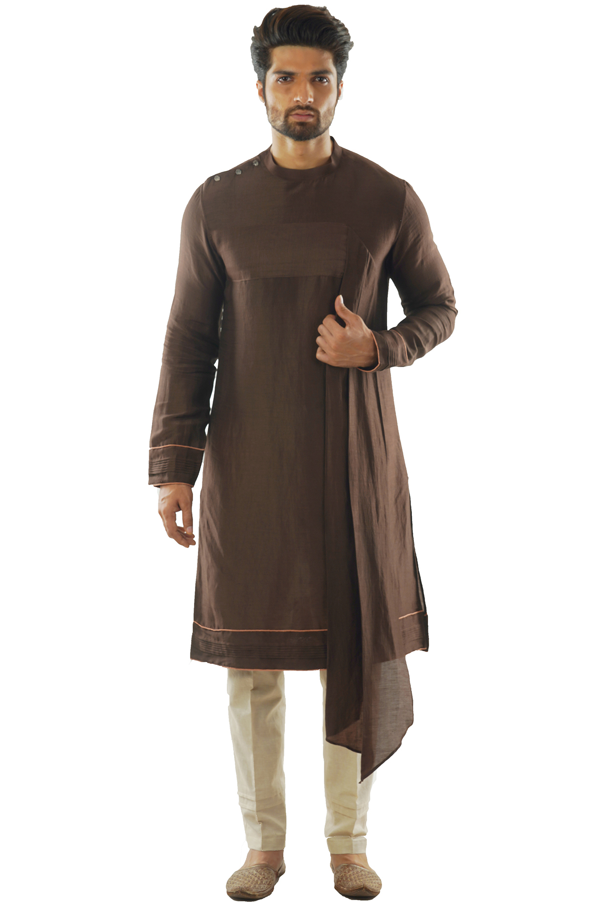 Soil Brown Linen Satin Kurta Set by PAARSH