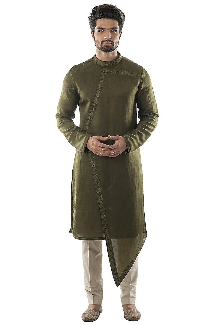 Olive Green Embroidered Asymmetrical Kurta Set by PAARSH