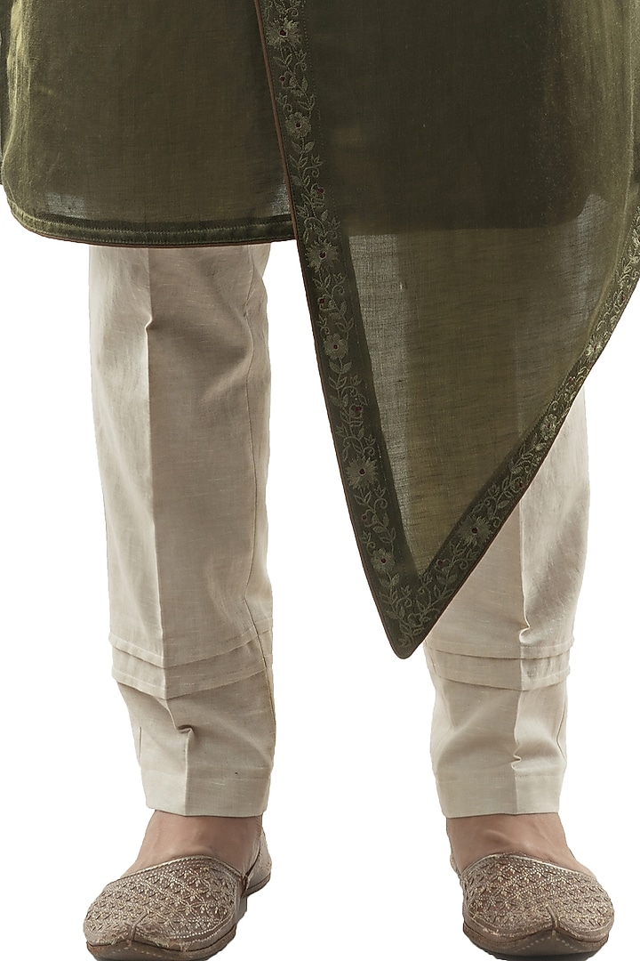 Olive Green Linen Satin Embroidered Kurta Set by PAARSH at Pernia's Pop Up Shop
