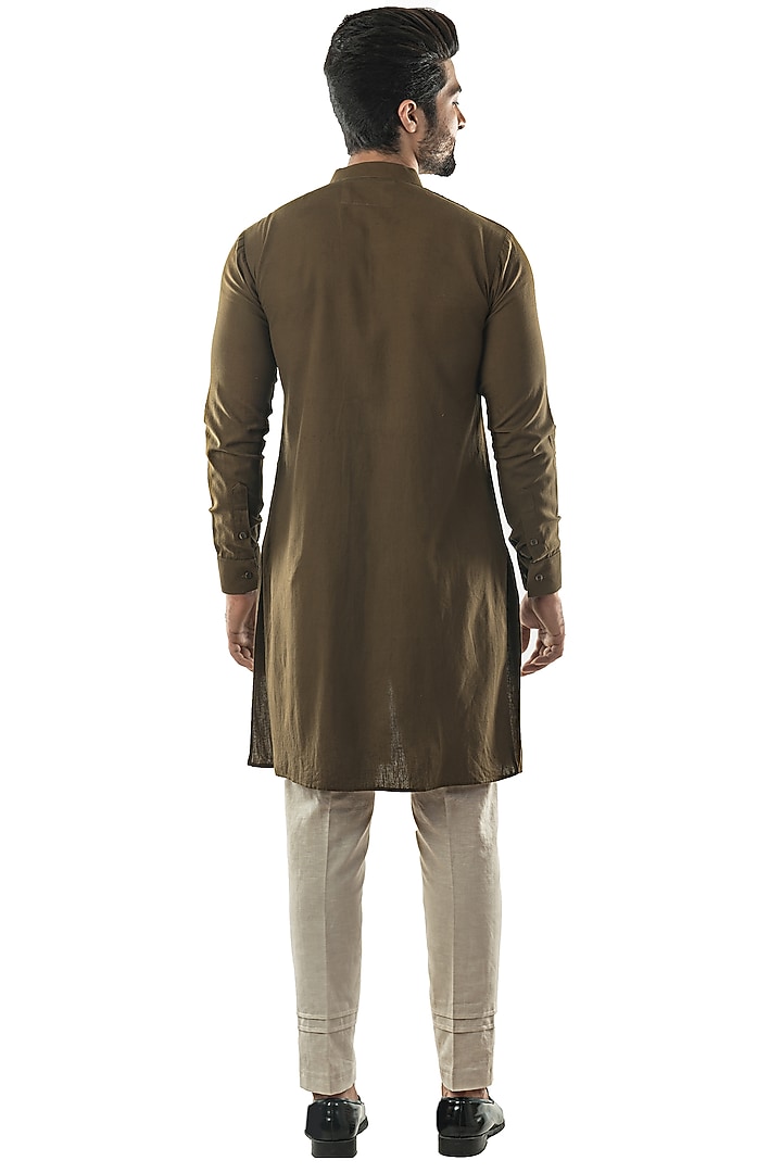 Khaki Green Cotton Linen Kurta Set by PAARSH at Pernia's Pop Up Shop