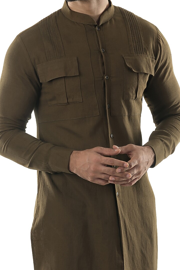 Khaki Green Cotton Linen Kurta Set by PAARSH at Pernia's Pop Up Shop